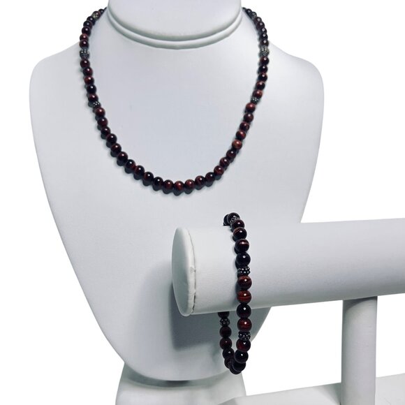 Sterling Silver & Brown Cats Eye Beaded Necklace 17" W/ Matching Bracelet (5921) - Picture 1 of 10